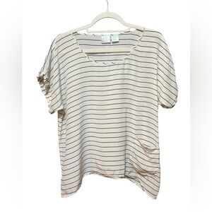 LiLu 100%‎ Silk Short Sleeve Crew Neck Blouse Sz XS Ivory Black Striped